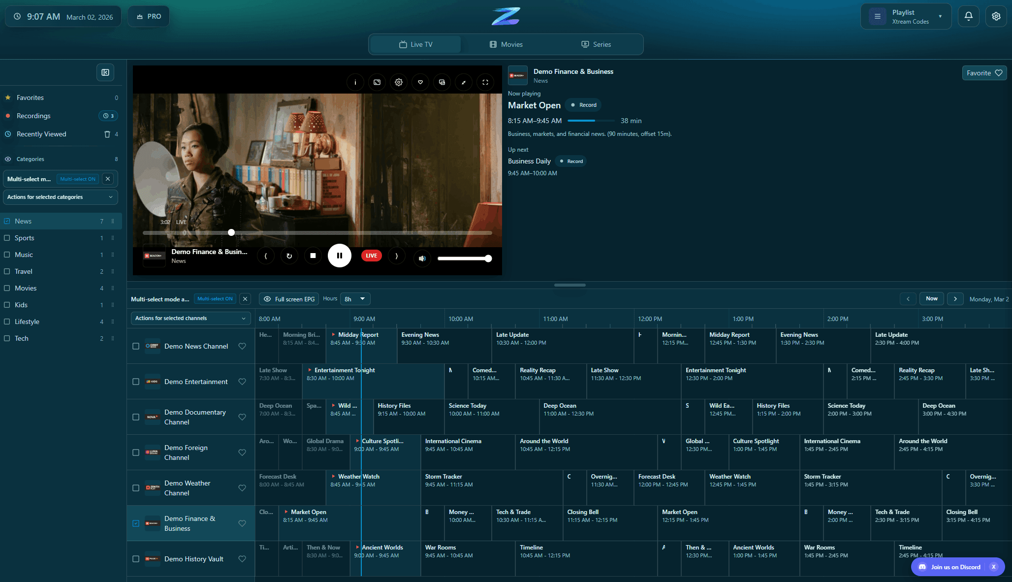 Playback overlay inside IPTV Player Zero on macOS.